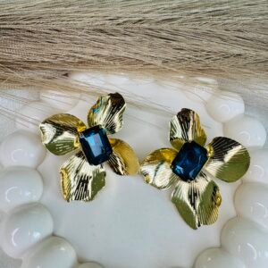 gold-toned-floral-drop-earrings-with-blue-teardrop-shaped-center-stones