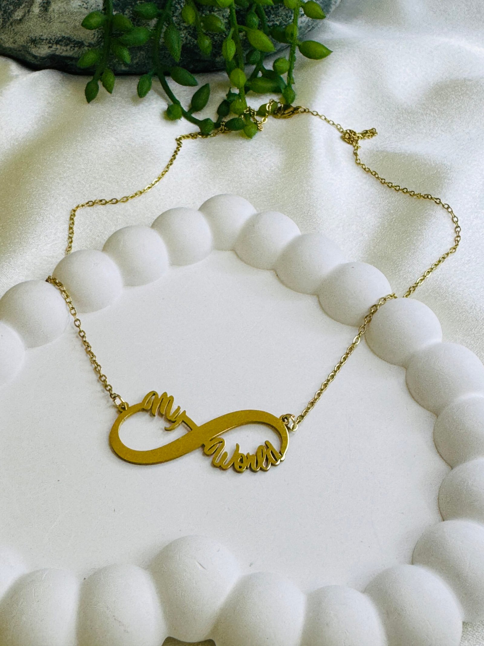 Gold-Plated personalized infinity pendant necklace with the words "my world" scripted on it. - Image 3