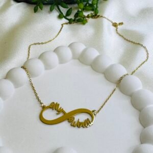 Gold-Plated personalized infinity pendant necklace with the words "my world" scripted on it.
