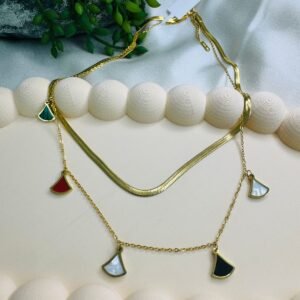 set-of-gold-toned-layered-necklaces-with-colorful-shell-shaped-pendants