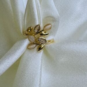 gold-plated-adjustable-leaf-ring-with-cat-eye-or-mother-of-pearl-leaf-shaped-stones-and-small-clear-stones