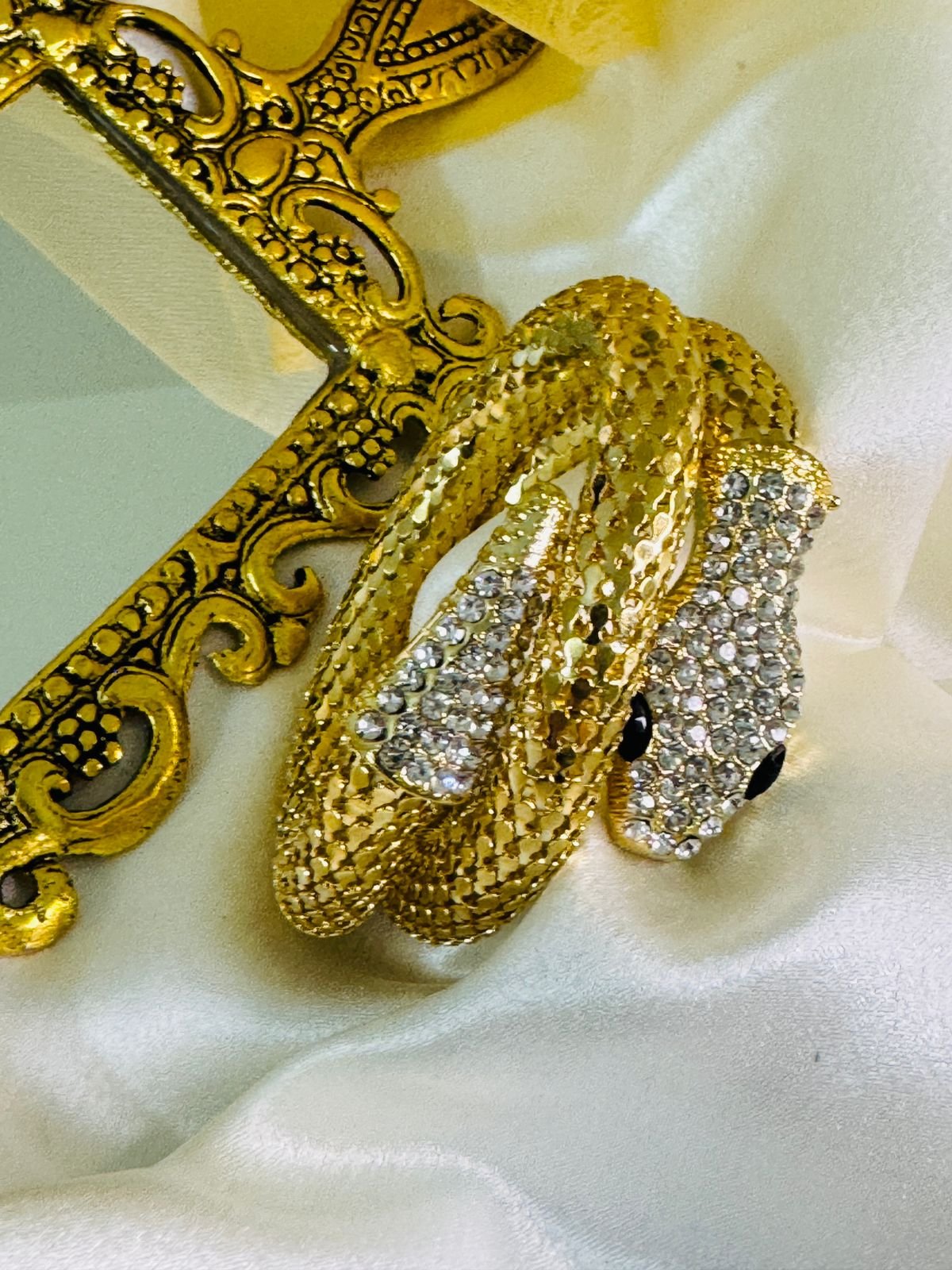 Gold-plated rhinestone snake cuff bracelet. - Image 2