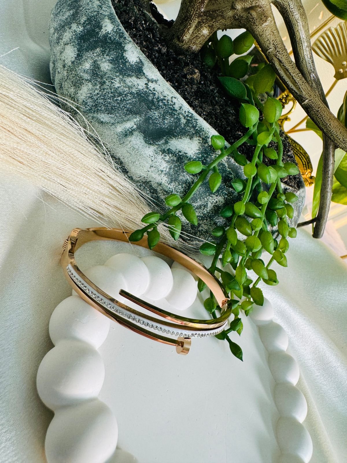 Stainless Steel Rose Gold Plated American Diamond Studded Nail Inspired Bracelet. - Image 3