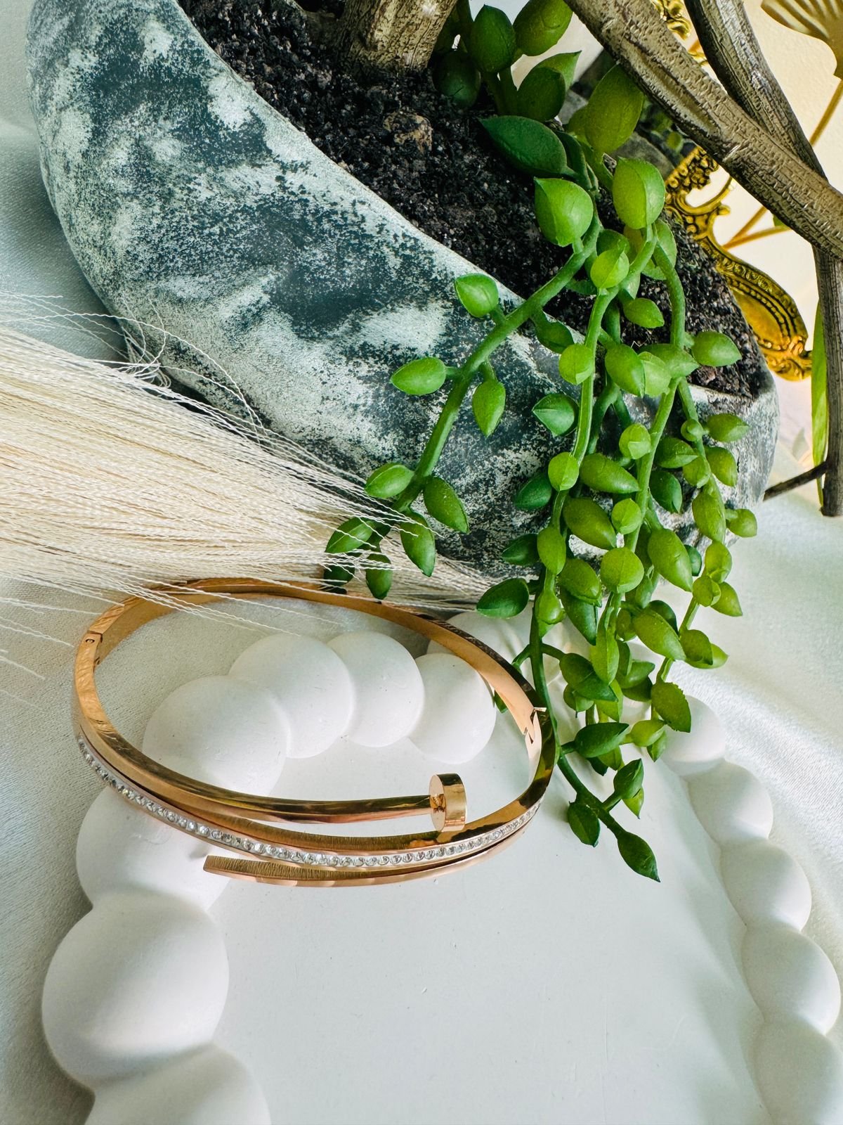 Stainless Steel Rose Gold Plated American Diamond Studded Nail Inspired Bracelet. - Image 2