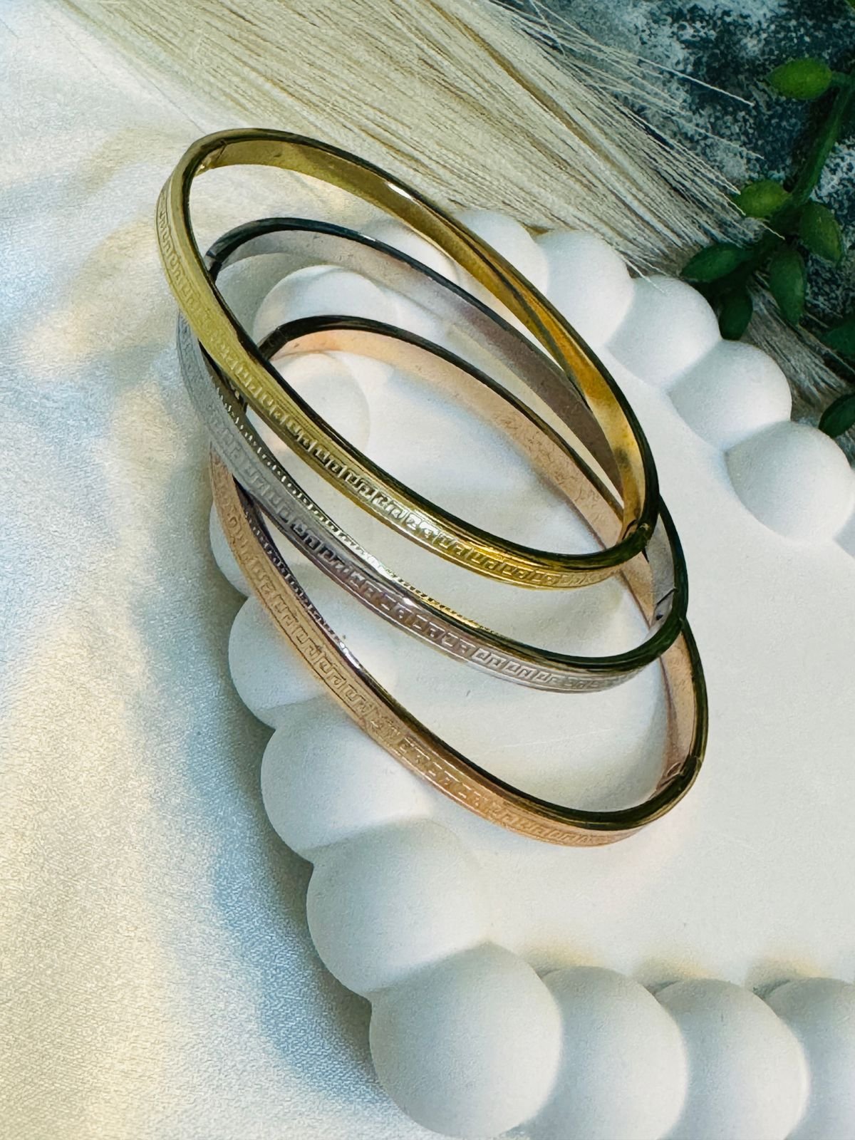 Three stainless steel greek key bangles/kadas in Rose gold, Silver, and Gold tones. - Image 2