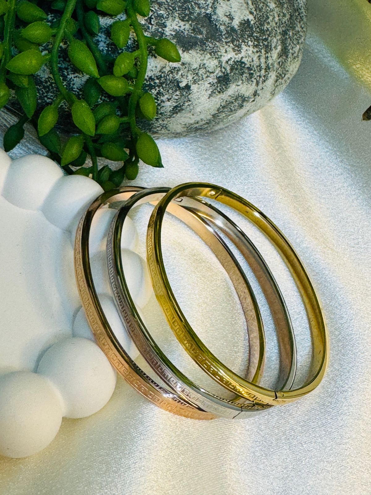 Three stainless steel greek key bangles/kadas in Rose gold, Silver, and Gold tones. - Image 3