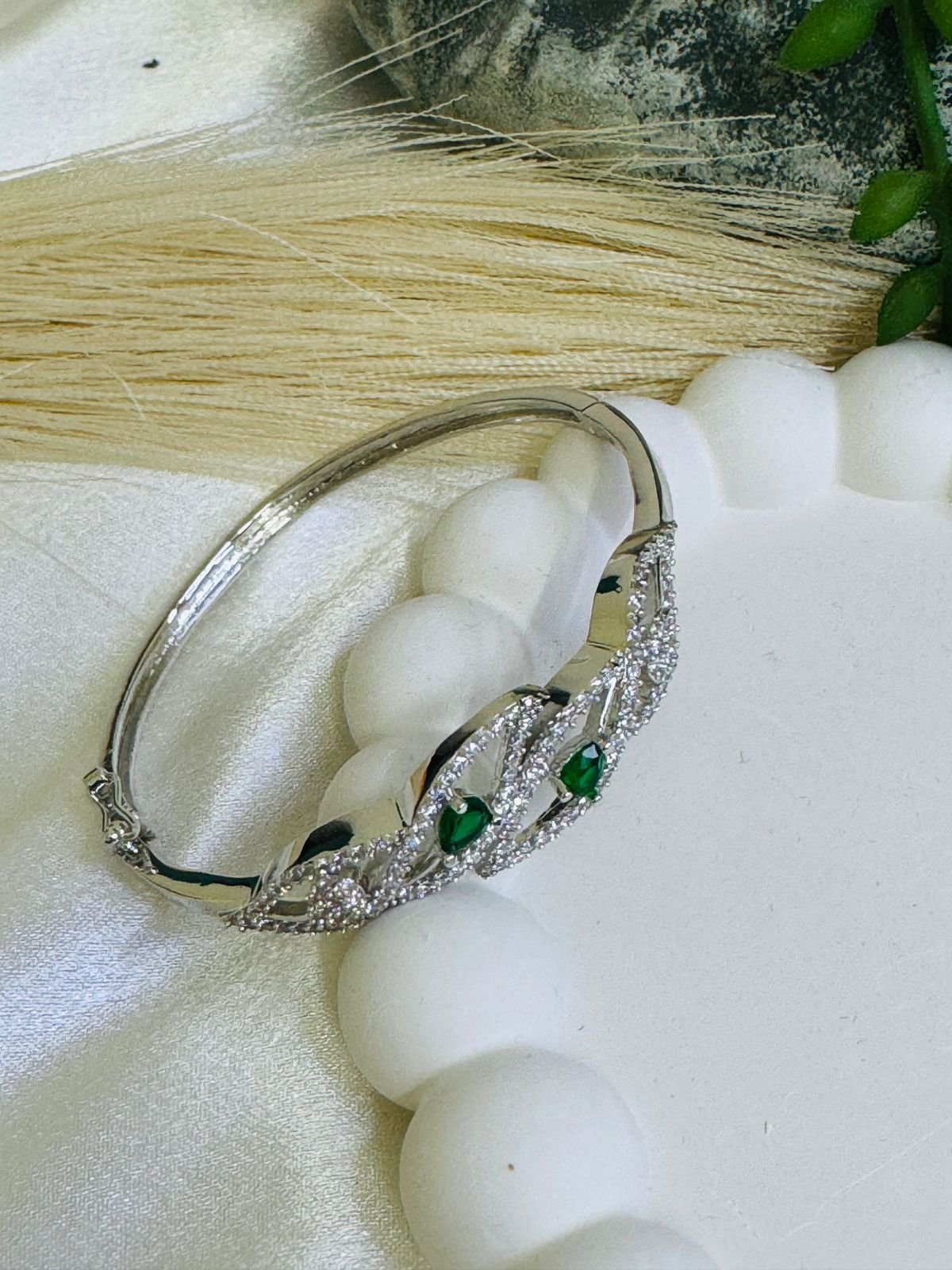 Priyaasi Green Leaf American Diamond Silver-Plated Bracelet. - Image 2