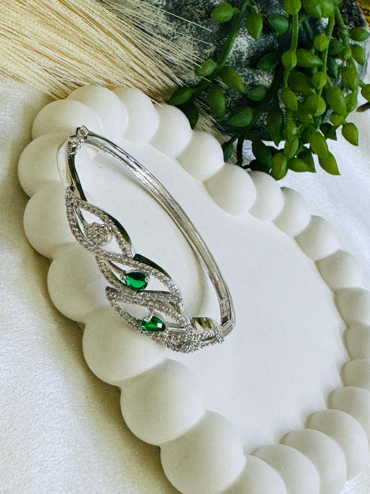 Priyaasi Green Leaf American Diamond Silver-Plated Bracelet. - Image 3